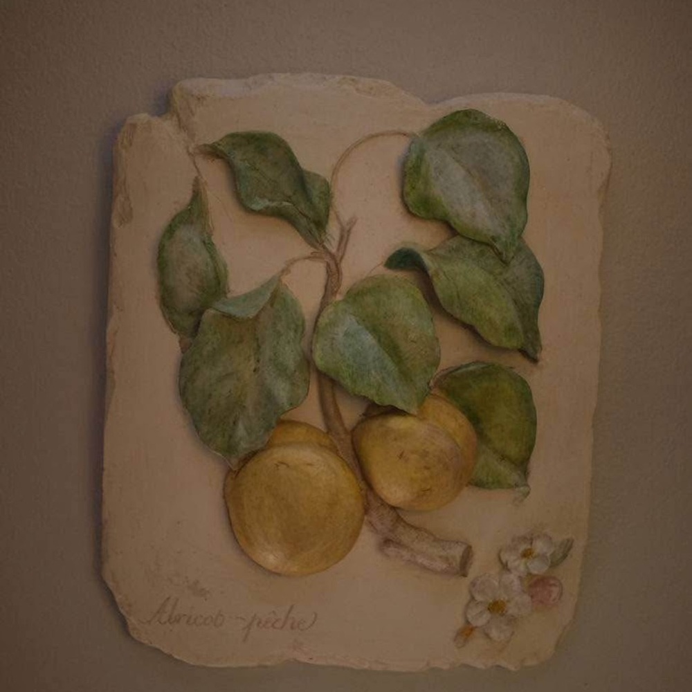 feathers Yellow Fruit Relief Wall Sculpture with Green Leaves